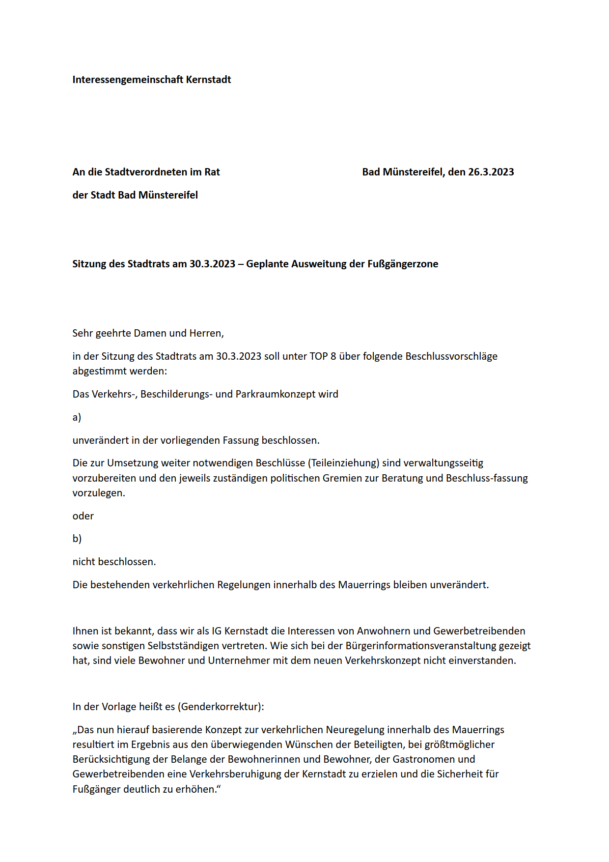 Sonntag, 26. März 2023<BR>Interessengemeinschaft Kernstadt an die Mitglieder des Stadtrats Das Bild existiert nicht!